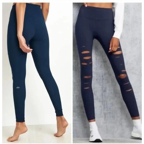 ALO Pants - Alo Yoga Ripped Warrior Navy Blue Leggings Sz S High Waist Excellent Condition